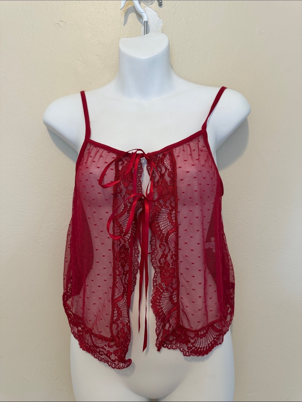 Sheer Red Lace Tie-Front Babydoll Tank
